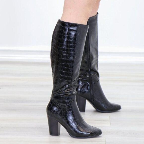 Black Pointy Croc Texture Boot Faux Shiny Leather - Picture 13 of 15